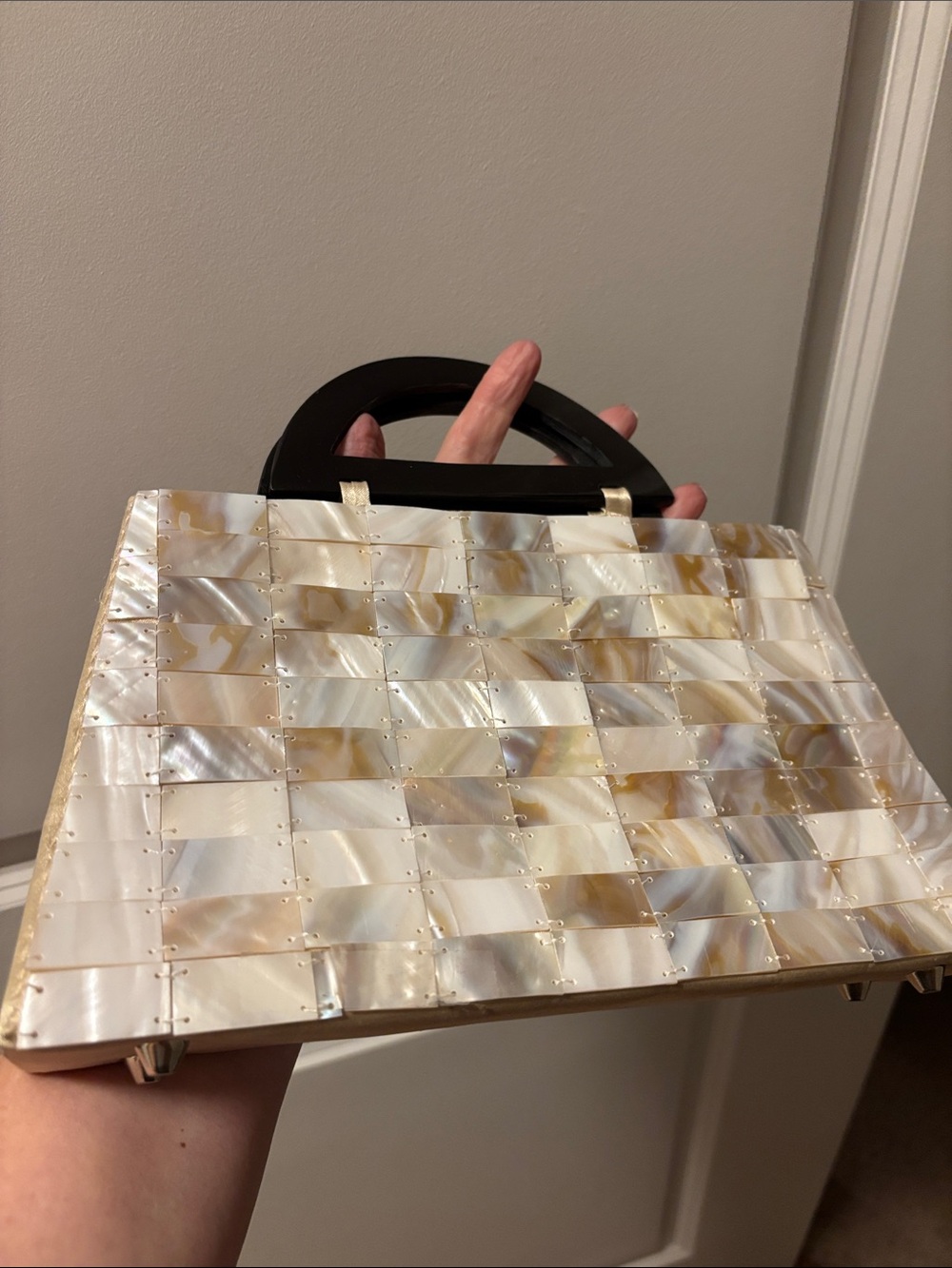 Woven Mother-of-Pearl Clutch with Black Top Handle